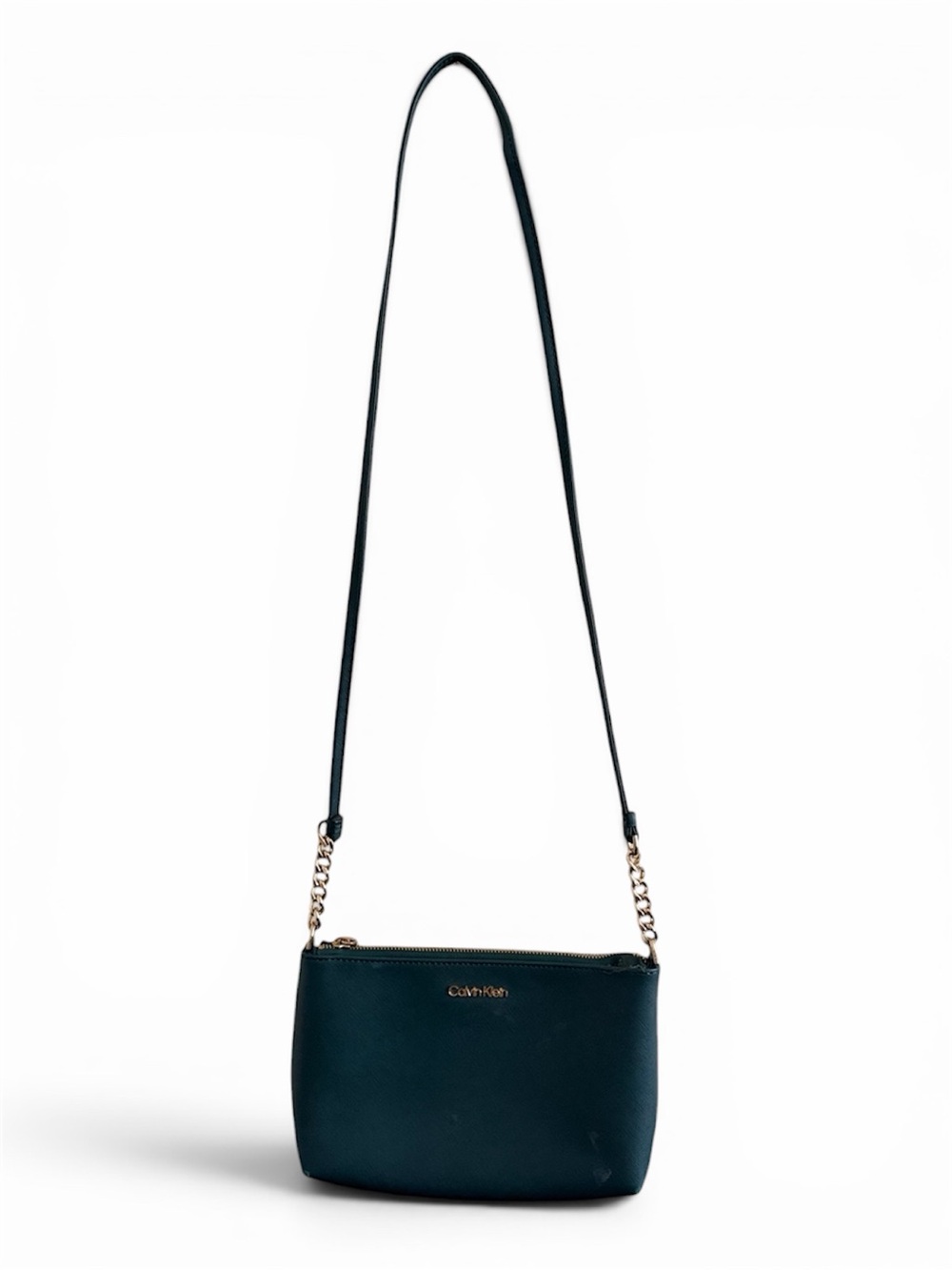 Calvin Klein Hayden Saffiano Dark Green Fa Leather Crossbody Bay with Gold Chain